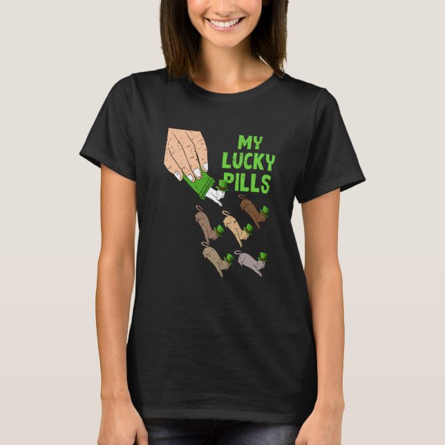 Camiseta Meus Comprimidos da Sorte Gato Dia de São Patrício (Frente)