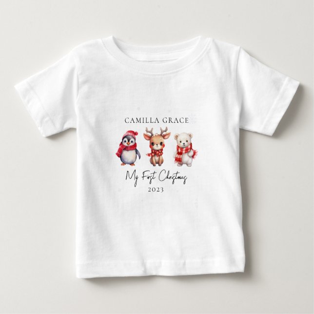 Camiseta Meus Primeiros Animais Fofos de Natal 1rua Nome de (Frente)