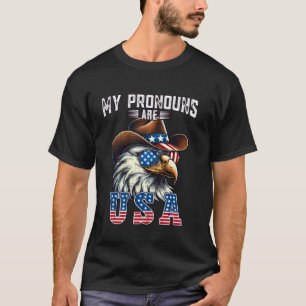Camiseta Meus Pronomes São EUA Águia Chapéu de Cowboy Ameri