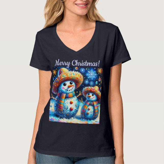 Camiseta Mexican Folk Art Snowmen Snowman Personalized (Frente)