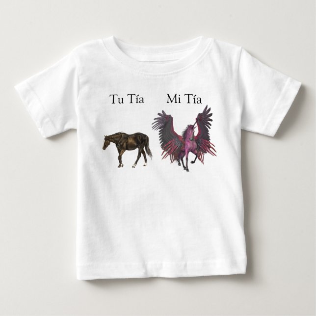 Camiseta Mi Tu Minha Tia Tia Tia Cavalo Unicórnio Espanhol (Frente)