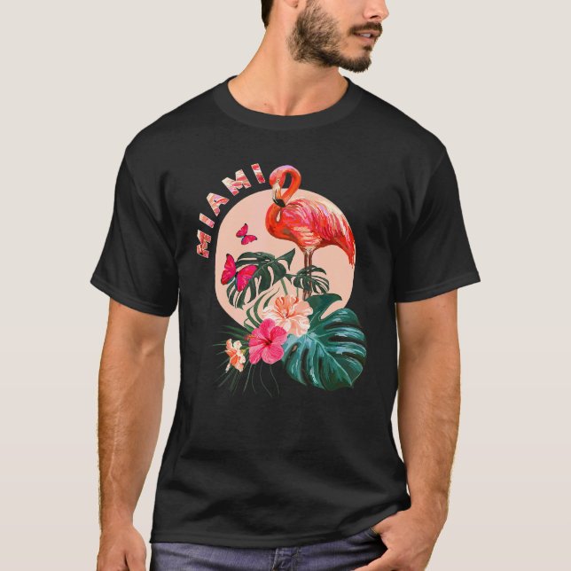 Camiseta Miami Beach Flamingo Sunset Flowers Miami (Frente)