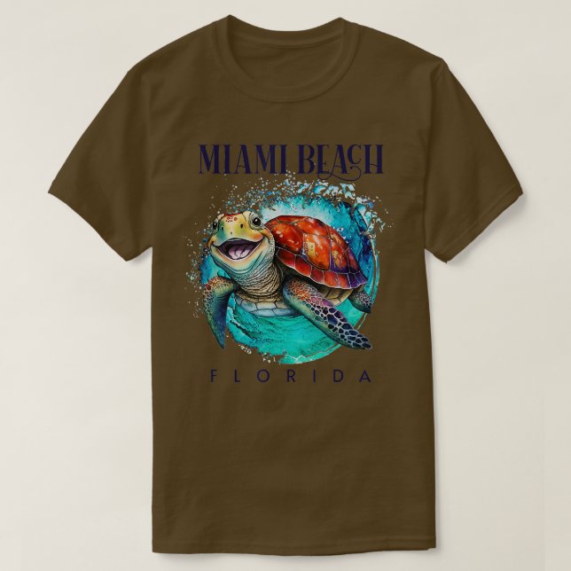 Camiseta Miami Beach Florida Watercolor Happy Sea Turtle (Frente do Design)