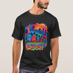 Camiseta Miami City Neon Skyline com a arte tropical Vibe