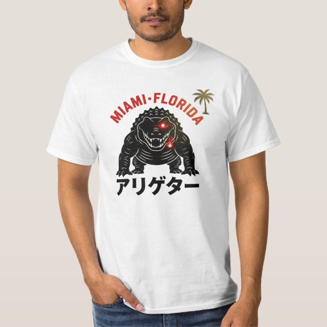 Camiseta Miami Florida Retro Kaiju Alligator Japanese Style (Frente)