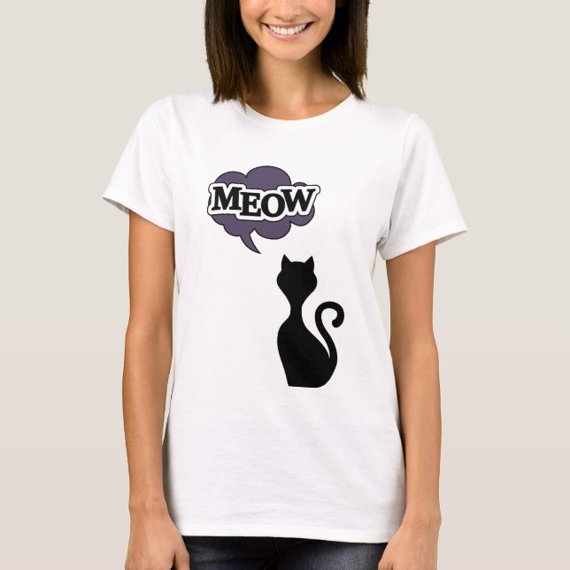 Camiseta Miau roxo de gato preto (Frente)