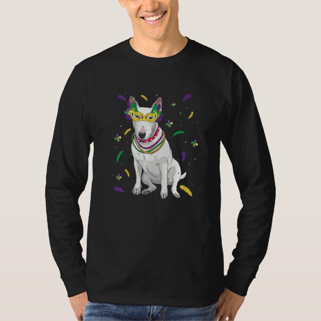 Camiseta Miçanga & Mask Bull Terrier Mardi Gras Dog Mãe Pai (Frente)