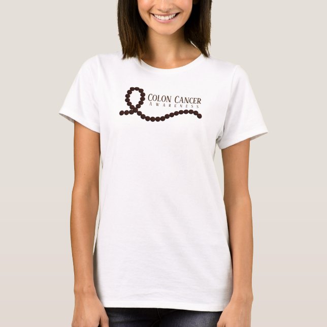 Camiseta Miçangas de Friso Castanho de Consciência do Cance (Frente)
