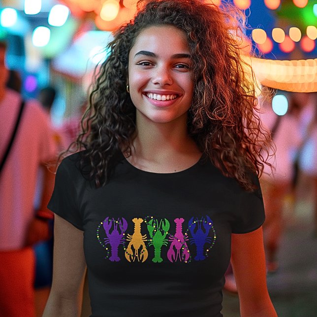 Camiseta Miçangas e lagostas Coloridas (Cute, Colorful, and festive crawfish t-shirt for Mardi Gras or any day!)