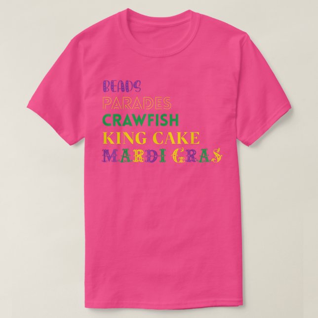Camiseta Miçangas Paradas Crawfish King Cake Mardi Gras Car (Frente do Design)