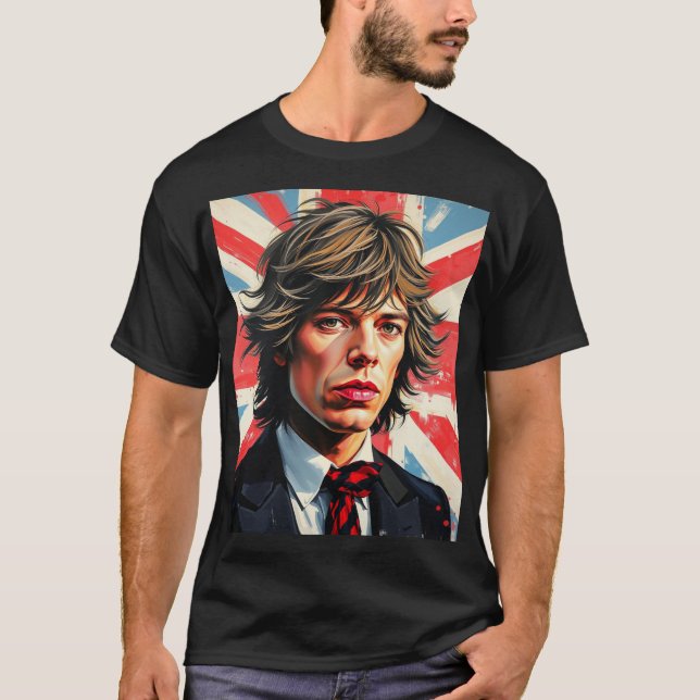 Camiseta Mick Jagger Rolling Stones em frente a um Union Ja (Frente)