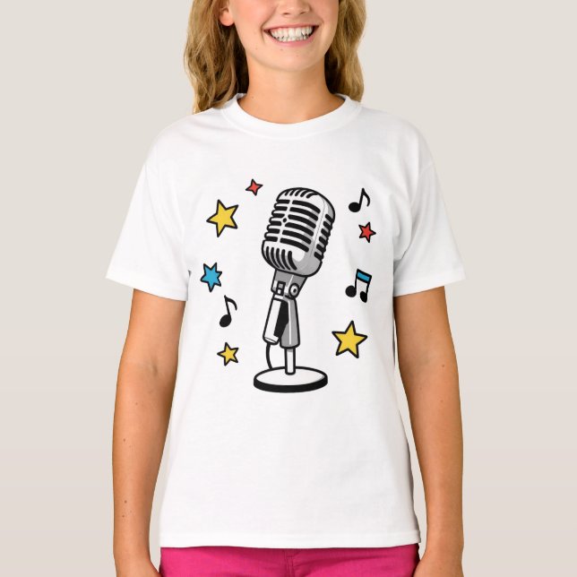 Camiseta Microfone Antigo Notas Musicais Design Retro de Ca (Frente)
