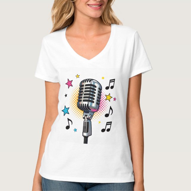 Camiseta Microfone pop com estrelas coloridas e notas music (Frente)
