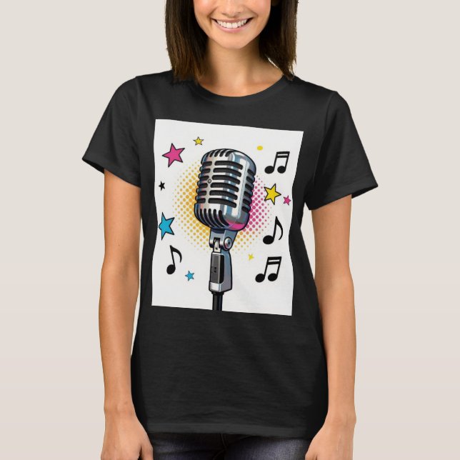 Camiseta Microfone pop com estrelas coloridas e notas music (Frente)