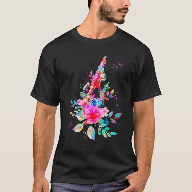 Camiseta Microscópio Floral Microscópio Laboratório Médico  (Frente)