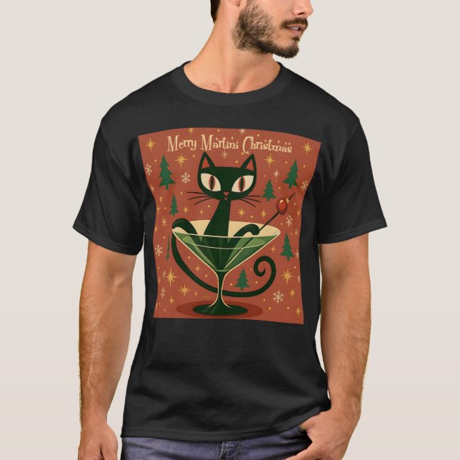 Camiseta Mid Century Black Cat Merry Martini Christmas (Frente)