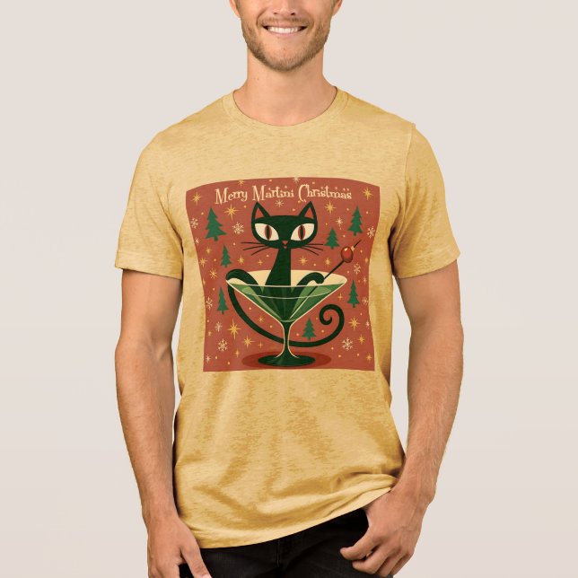 Camiseta Mid Century Black Cat Merry Martini Christmas (Frente)
