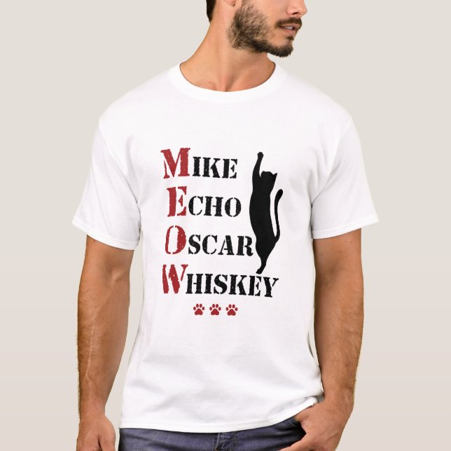 Camiseta Mike Echo Oscar Whiskey MEOW Cat (Frente)