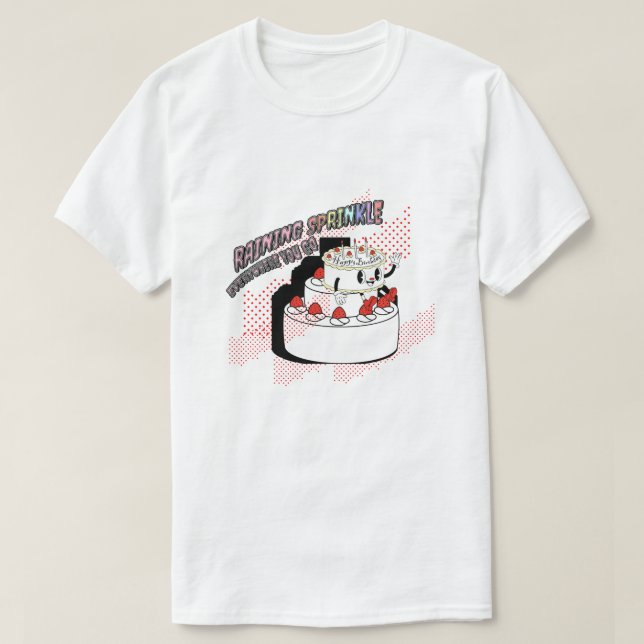 Camiseta Mikitiez Birthday Celebrando o bolo de aspersor (Frente do Design)