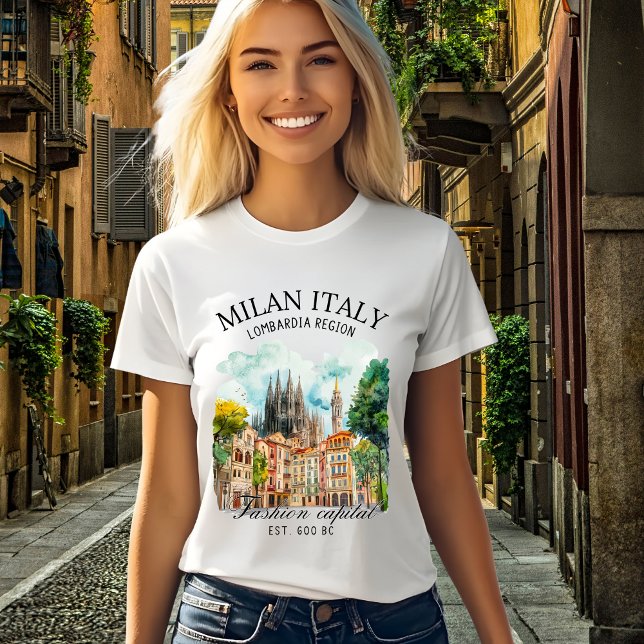 Camiseta Milan Italy Watercolor Skyline – Fashion Capital  (Criador carregado)