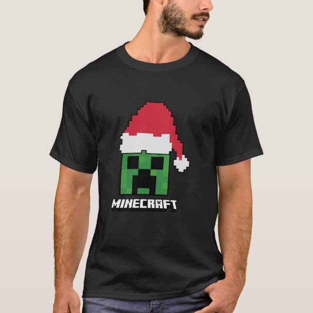 Camiseta Minecraft Natal Creeper Chapéu de Papai Noel  (Frente)