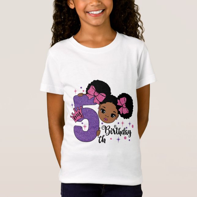 Camiseta Minha 5 Birthday Black Girl Glitter Princess Desig (Frente)
