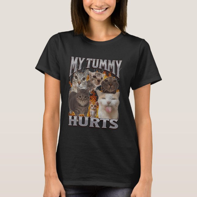 Camiseta Minha Barriga Dói Gráfico Pirata de Meme de Gato E (Frente)