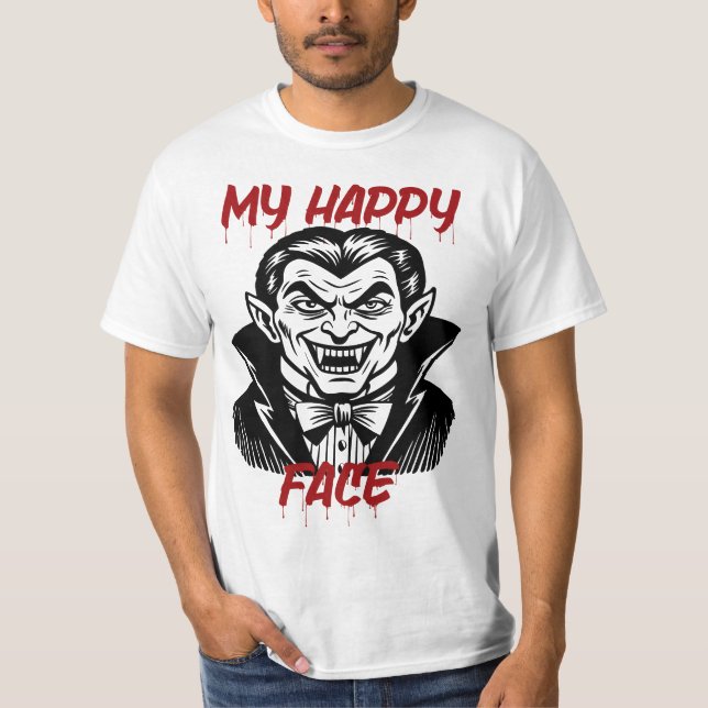 Camiseta Minha Cara Feliz, Engraçado Vampiro Halloween (Frente)
