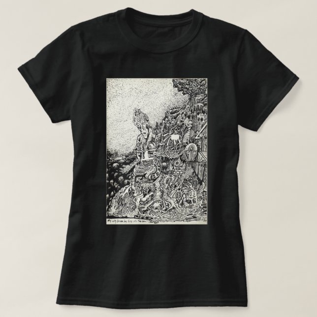 Camiseta Minha cidade foi levada pelo fogo no mar (Frente do Design)