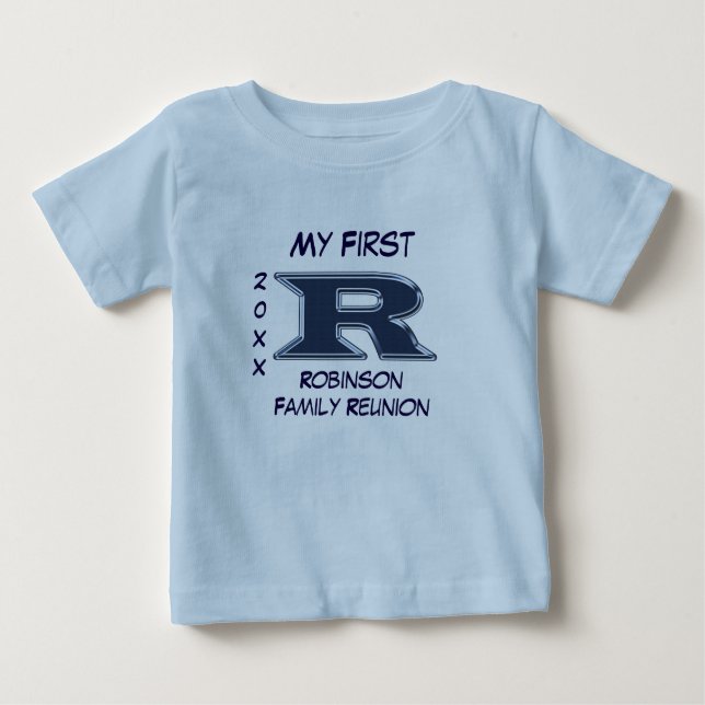 Camiseta Minha Primeira Família - Letra R Monograma Azul (Frente)