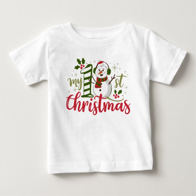 Camiseta Minha Primeira Tipografia de Natal Homem de Neve F (Frente)