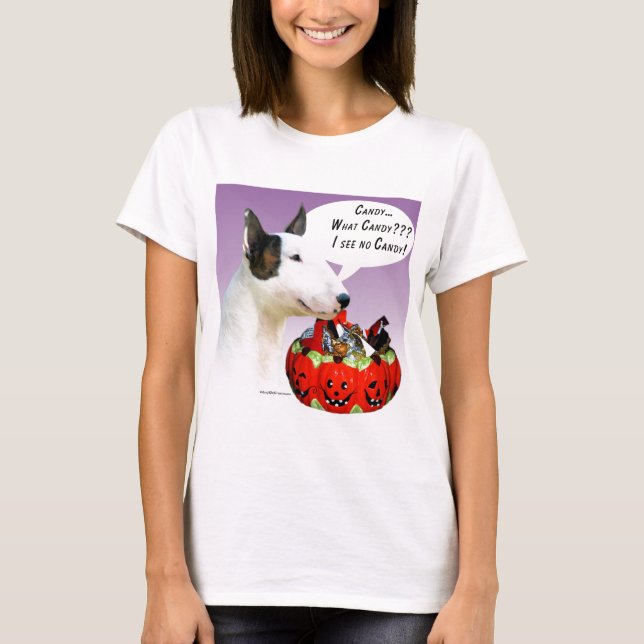 Camiseta Miniatura Bull Terrier Halloween Candy (Frente)
