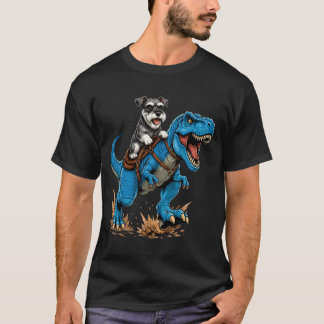 Camiseta Miniature Schnauzer Montando T Rex Dinossauro Engr