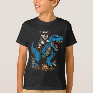 Camiseta Miniature Schnauzer Montando T Rex Dinossauro Engr