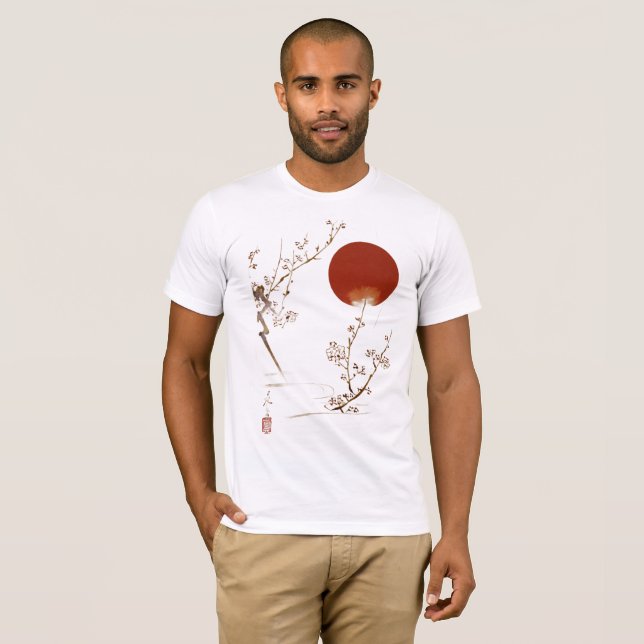 Camiseta Minimalist Zen Japanese Sun and Plum Branch Design (Frente Completa)