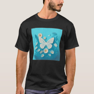 Camiseta Mínimo de Flores de Ilustração de Borboleta Branca