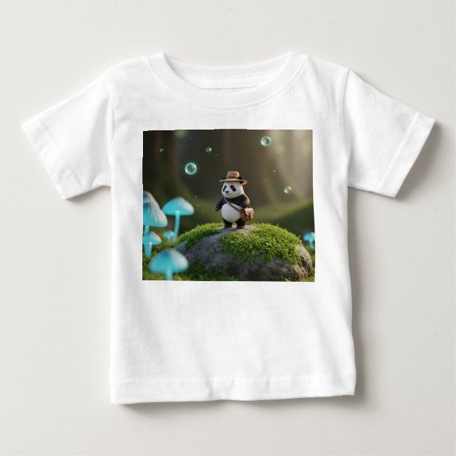 Camiseta Minúsculo Explorador Panda 3D na Floresta Mística (Frente)