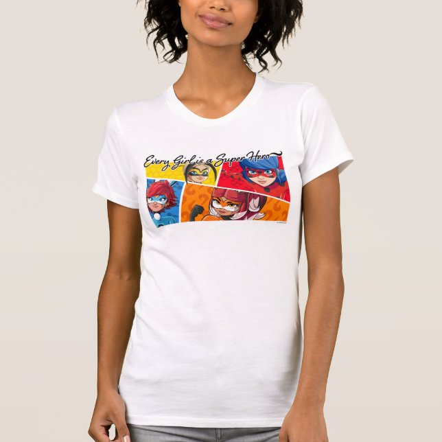 Camiseta Miraculosa Todas as Raparigas é Super Herói (Frente)