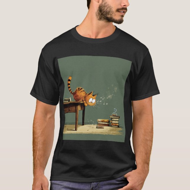 Camiseta Mischief Cat Knocking Books – Whimsical Illustrati (Frente)