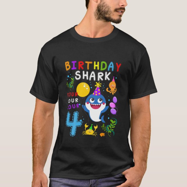 Camiseta Miúdos Tubarão-Cute-Bebê 4º Aniversário Garota 4 A (Frente)