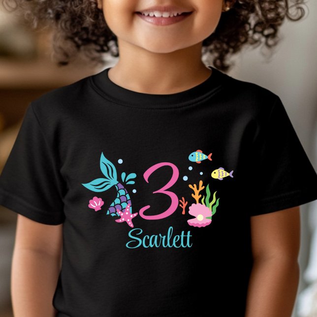 Camiseta Moça aniversário de 3 anos Mermaid Mar Personaliza (Criador carregado)