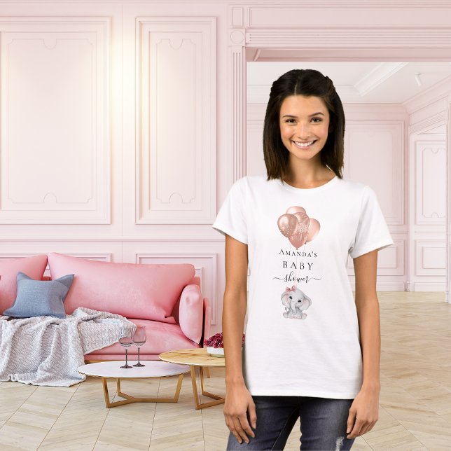 Camiseta Moça elefante de balões rosa chá de fraldas (Criador carregado)