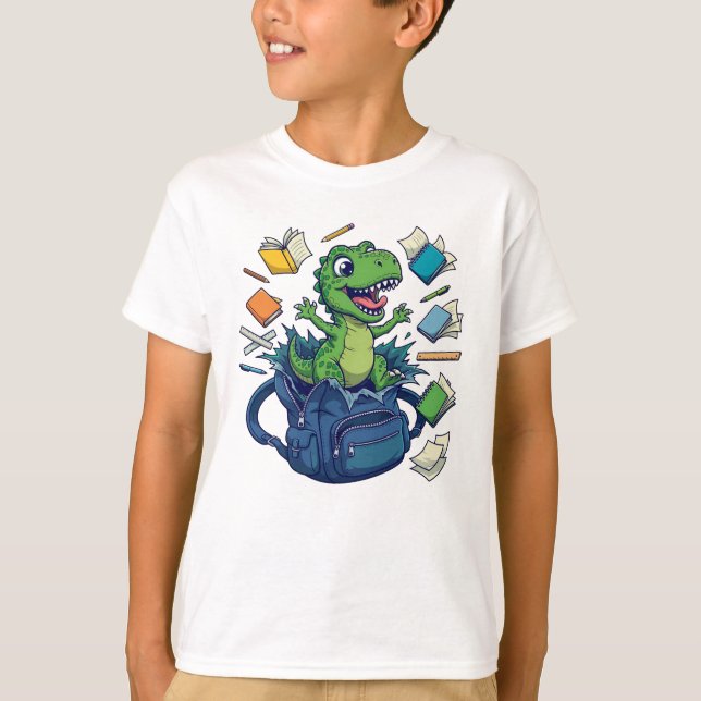 Camiseta Mochila Divertida de T-Rex - Volta às Aulas com Di (Frente)