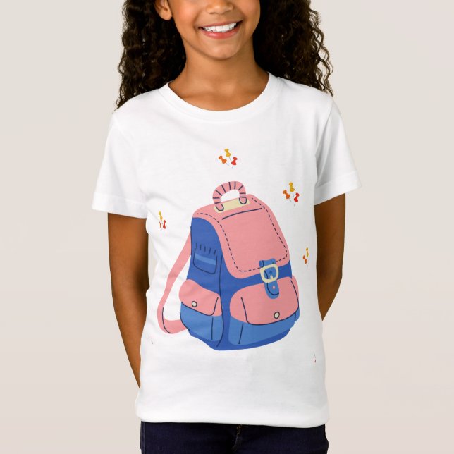 Camiseta Mochila Escolar Rosa e Azul Fofa" (Frente)
