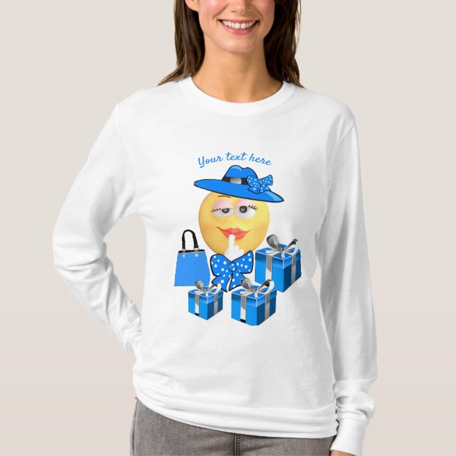Camiseta Moda branca Emoji a azul com Compro (Frente)
