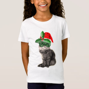 Camiseta Moda Gato posando com chapéu de Papai Noel