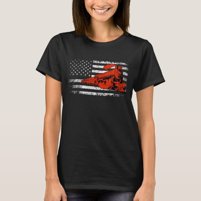 Camiseta Model Railroad Railway Locomotive Train US Flag Ra (Frente)