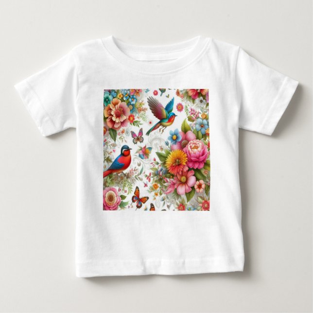 Camiseta Modelo de Flores Coloridas Borboletas Pássaros (Frente)