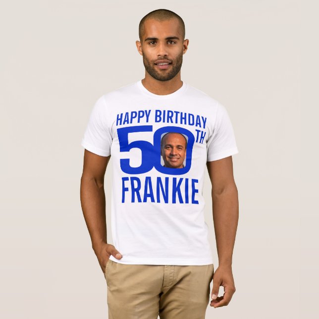 Camiseta Modelo de foto de nome personalizado azul de 50 an (Frente Completa)