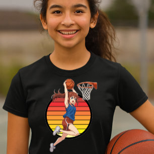 Camiseta Modelo de garota de anime basquetebol em pôr do so